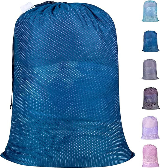 Polecasa Extra Heavy Duty Large Diamond Mesh Laundry Bags with Drawstring Closure & ID Tag, 24 x 36 inches Washable Storage Bag for College, Travel, Sports, Dorms, Blue