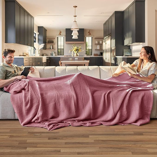 Bedsure Gentlesoft 100% Cotton Blanket Queen Size for Bed - Breathable and Soft for Spring Summer, Thick Cozy Waffle Weave Blanket Gifts for Women, Dusty Rose, 90x90 Inches