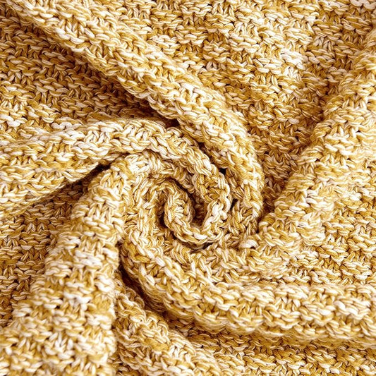 Longhui bedding Gold Knitted Throw Blanket for Couch, Soft, Cozy Machine Washable 100% Cotton Sofa Blanket, Heavy 2.5lb Weight, Laundry Bag Included, Mustard Yellow and White