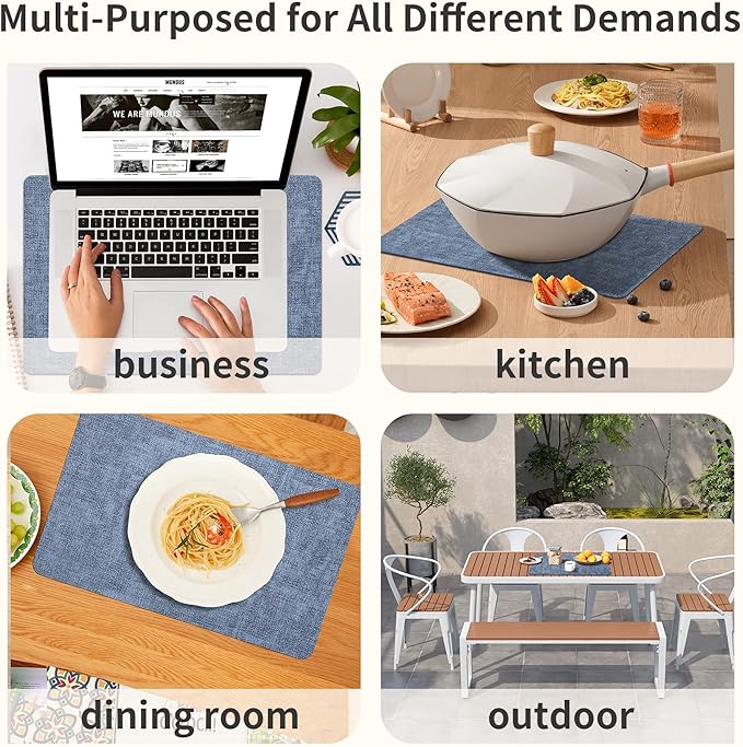 Maxpearl Set of 8 Faux Leather Table Placemats – Heat Resistant, Waterproof, Easy to Clean, Non-Slip Mats for Dining Table, Kitchen, Indoor & Outdoor, 17”x12”, Blue