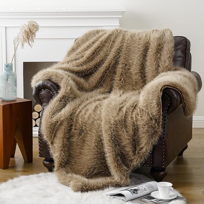 BATTILO HOME Luxury Tan Fluffy Faux Fur Throw Blanket, Cozy Warm Large Fur Blanket for Couch, Sofa, Chair, Bed, Plush Fuzzy Fur Throws with Long Pile, 60"x80"(Khaki)