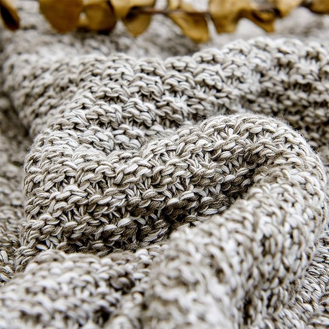 Longhui bedding Knitted Throw Blanket for Couch, Soft, Cozy Machine Washable 100% Cotton Sofa Blanket, Heavy 2.5lb Weight, Laundry Bag Included, Grey and White