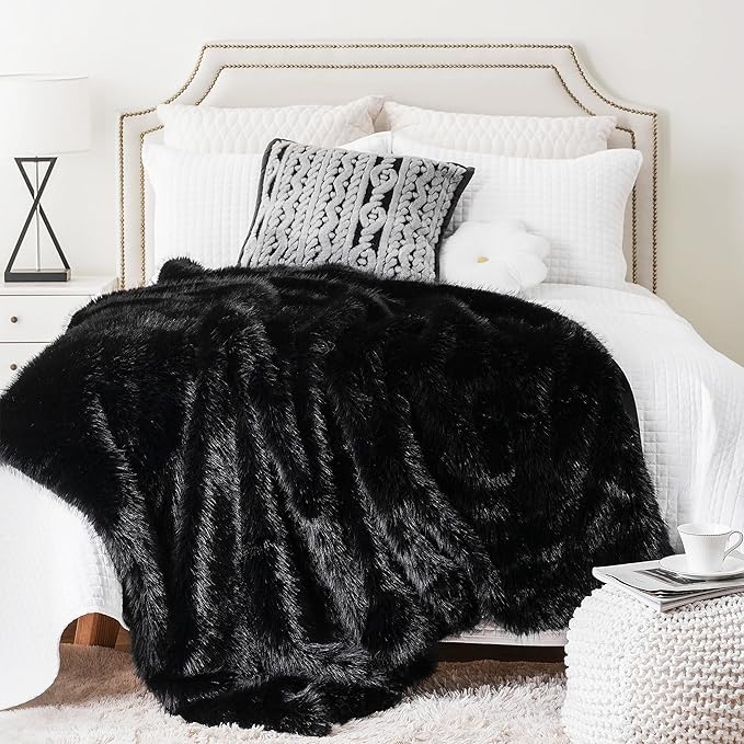 BATTILO HOME Luxury Fluffy Black Faux Fur Throw Blanket, Black Blanket for Couch, Sofa, Chair, Bed, Plush Fuzzy Cozy Fur Throws with Long Pile, 50"x60"