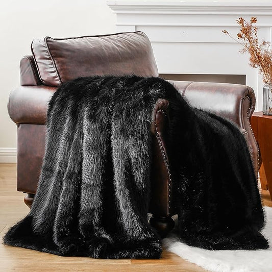 BATTILO HOME Luxury Fluffy Black Faux Fur Throw Blanket, Black Blanket for Couch, Sofa, Chair, Bed, Plush Fuzzy Cozy Fur Throws with Long Pile, 50"x60"