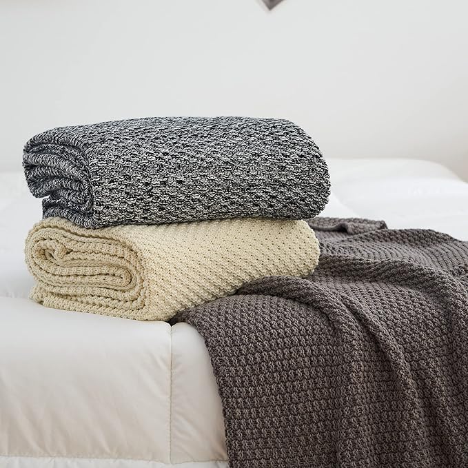 Longhui bedding Black Knitted Throw Blanket for Couch, Soft, Cozy Machine Washable 100% Cotton Sofa Blanket, Heavy 2.5lb Weight, Laundry Bag Included, Black and White