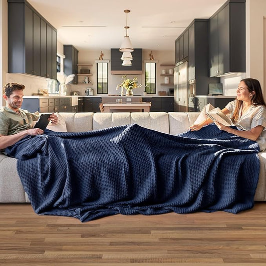 Bedsure Gentlesoft 100% Cotton Blanket King Size for Bed - Breathable and Soft for Spring Summer, Thick Cozy Waffle Weave Blanket Gifts for Women, Pageant Blue, 104x90 inches