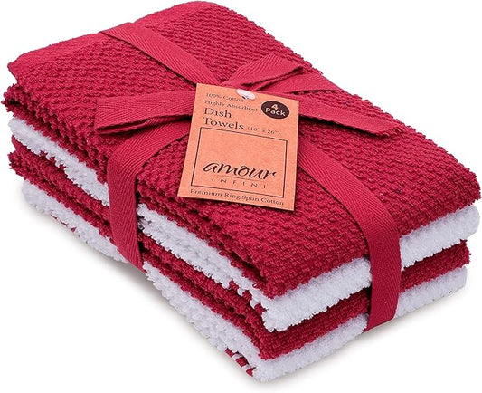 Amour Infini Kitchen Towels Pack of 4 - Absorbent, Quick Drying Premium Cotton Tea Towel - Kitchen Linens 16x28 Inch Dish Towels with Hanging Loop (Red)