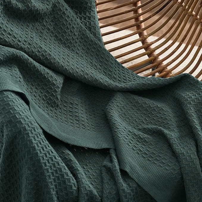 Bedsure Gentlesoft 100% Cotton Blanket Queen Size for Bed - Breathable and Soft for Spring Summer, Thick Cozy Waffle Weave Blanket Gifts for Women, Dark Green, 90x90 Inches