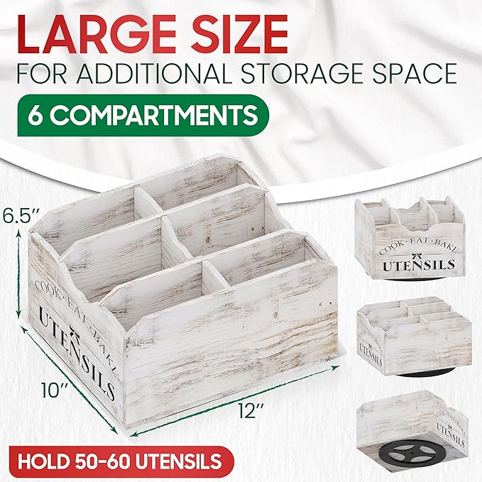 Bewbow [Upgraded] Extra Large Kitchen Utensil Holder for Countertop with 360° Rotating Base, 6 Compartments, Removable Divider, Wooden Utensil Organizer for Countertop, Farmhouse Kitchen Decor