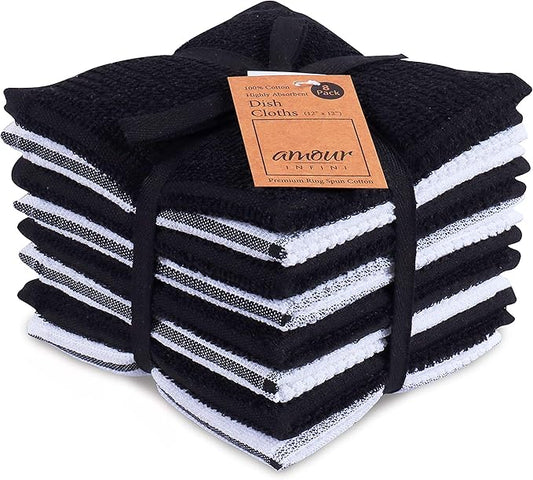 AMOUR INFINI Dish Cloths for Washing Dishes Set of 8 - Highly Absorbent, Super Soft Kitchen Dishcloths - Reusable Quick Dry Dish Rags for Cleaning & Drying Kitchen Linens (12x12 Inch - Black)