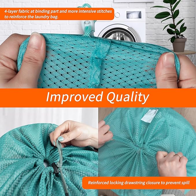 Polecasa Heavy Duty Diamond Large Mesh Laundry Bag with ID Tag and Locking Drawstring Closure - 24 x 36 inches - Laundry Hamper Liner, Washable Laundry Bags for Travel, Sports, Dorms (Aqua)