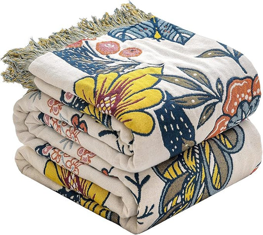 STASOPTK Boho Cotton Throw Blanket - Ultra-Soft Rustic Quilt for Bed, Home Decor & Travel - Large 60"x80" Muslin Blanket - All-Season Lightweight Bedspread & Throw for Women & Moms