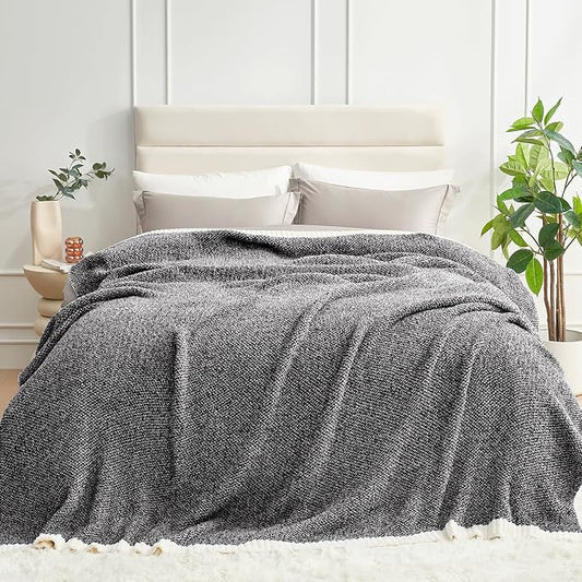 Snuggle Sac Queen Size Bedding Blanket Black, Super Soft Warm Cozy Bed Blankets Oversized Fuzzy Plush Blankets for Bed, Bedroom, Heather Black, 90x90 inches