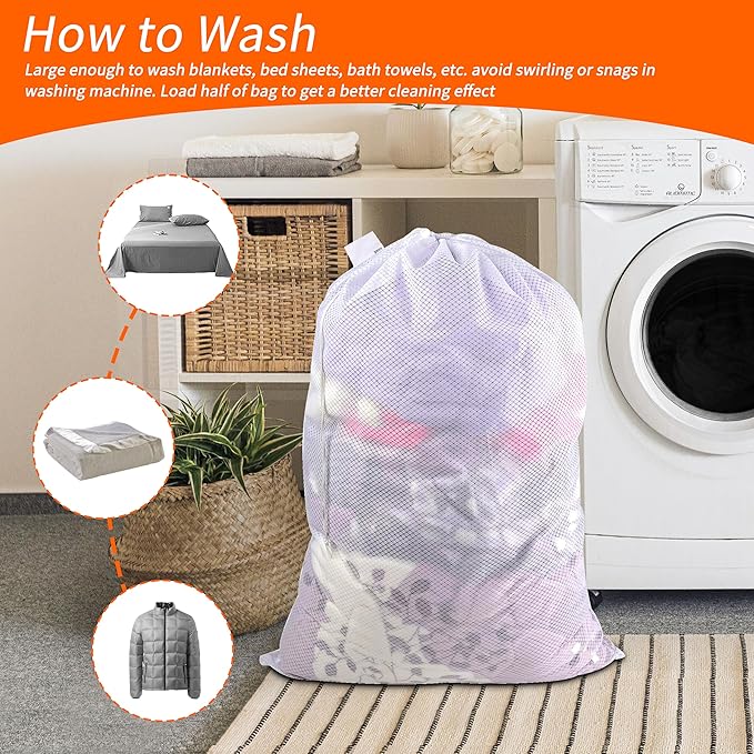Polecasa Diamond Mesh Laundry Bags,2Pcs 30 x 36 inches Heavy Duty Mesh Laundry Bags with ID Tag and Drawstring Closure, Extra Large Laundry Hamper Liner, Laundry Bag for Travel, Sports,Dorms (White)