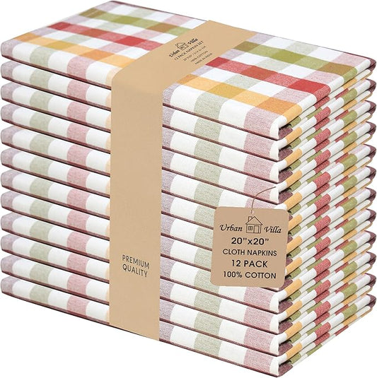 Urban Villa Cloth Napkins Harvest Checks Dinner Napkins Set of 12 20X20 100% Cotton Absorbent Washable Durable Reusable Cloth Napkins Ideal for Farmhouse Party Thanksgiving Harvest Fall Dinner Napkins
