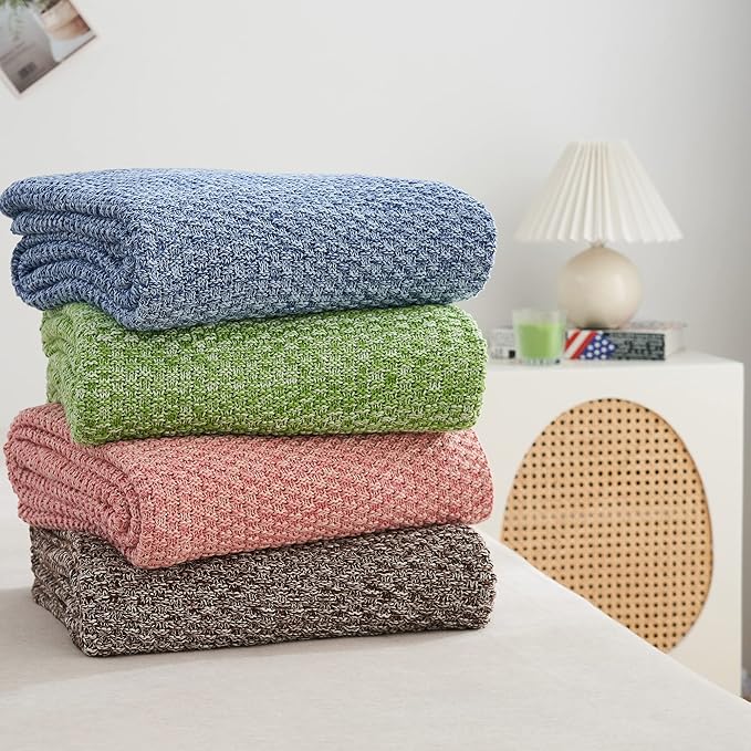 Longhui bedding Green Knitted Throw Blanket for Couch, Soft, Cozy Machine Washable 100% Cotton Sofa Knit Blankets, Heavy 4.0lb Weight, 60 x 80 Inches, Grass Green