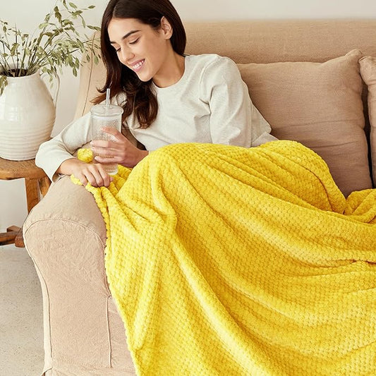 Exclusivo Mezcla Fleece Bed Blanket Queen Size, Super Soft and Warm Blankets for Couch, Sofa and Bed Waffle Textured, Cozy, Fuzzy and Lightweight (Vibrant Yellow, 90x90 Inches)