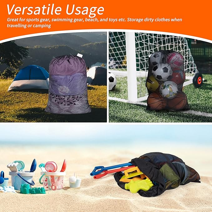 Polecasa Extra Heavy Duty Large Diamond Mesh Laundry Bags with Drawstring Closure & ID Tag, 2 Pack 24 x 36 inches Washable Storage Bag for College, Travel, Sports, Dorms, Black