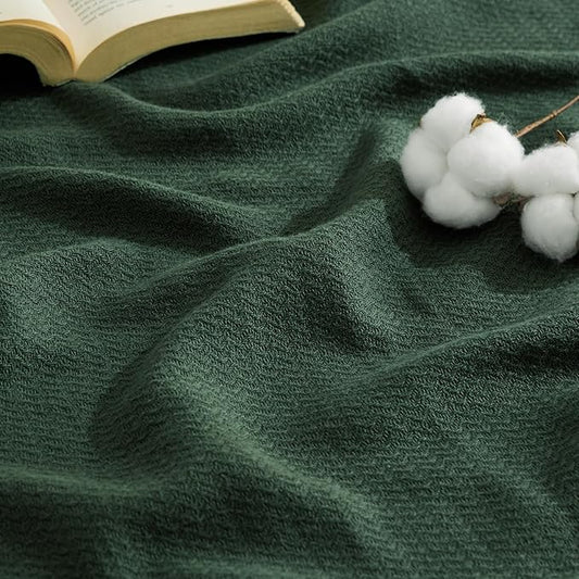 Bedsure GentleSoft 100% Cotton Blanket Twin XL Size for Bed - Breathable and Lightweight, Soft Cozy Textured Herringbone Woven Summer Blanket for College Dorm, Dark Green, 66x90 inches