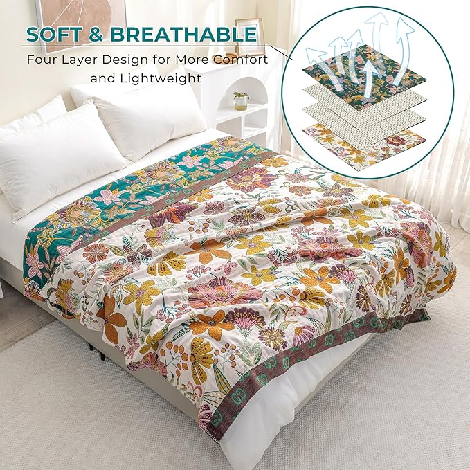 STASOPTK Boho Rustic Throw Blanket,100% Cotton Soft Vintage Bed Throw Blankets Floral Farmhouse Decor Throws,Reversible Throw for Sofa Couch, 60"×80" for All Seasons -White