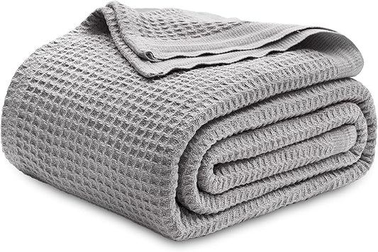 Bedsure Gentlesoft 100% Cotton Blanket Queen Size for Bed - Breathable and Soft for Spring Summer, Thick Cozy Waffle Weave Blanket Gifts for Women, Grey, 90x90 Inches