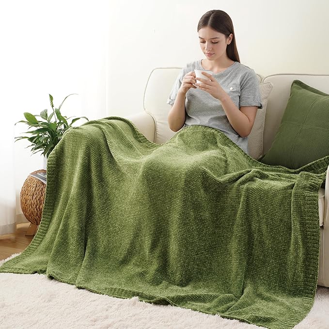 BATTILO HOME Chenille Knitted Throw Blanket for Couch, Spring Summer Green Throw Blanket for Home Decor, Decorative Cozy Soft Moss Green Blankets for Bed Sofa Couch Living Room, 51"x67"
