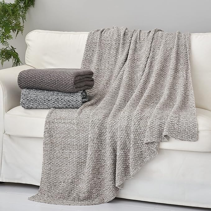 Longhui bedding Knitted Throw Blanket for Couch, Soft, Cozy Machine Washable 100% Cotton Sofa Blanket, Heavy 2.5lb Weight, Laundry Bag Included, Grey and White