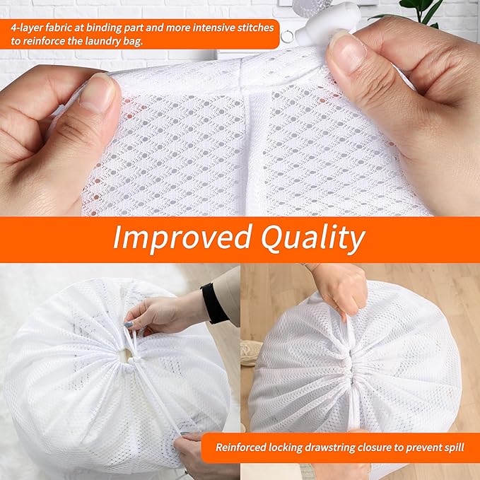 Polecasa Extra Heavy Duty Large Diamond Mesh Laundry Bags with Drawstring Closure & ID Tag, 2Pcs 24 x 36 inches Washable Storage Bag for Hamper, College, Travel, Sports, Dorms, White