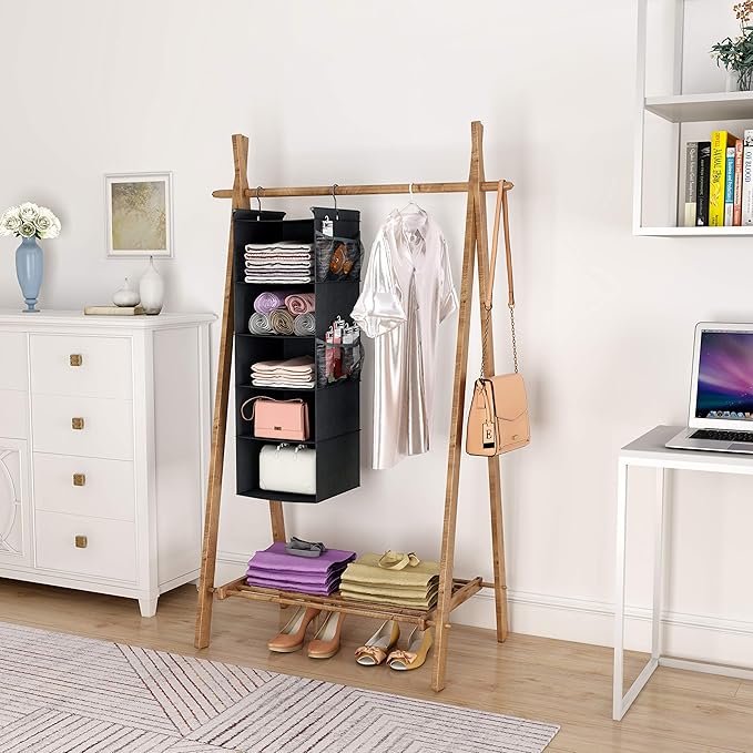 MAX Houser 5-Shelf Hanging Closet Organizer,Space Saver, Cloth Hanging Shelves with 4 Side Pockets,Foldable, Black