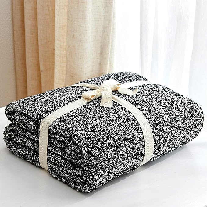Longhui bedding Black Knitted Throw Blanket for Couch, Soft, Cozy Machine Washable 100% Cotton Sofa Blanket, Heavy 2.5lb Weight, Laundry Bag Included, Black and White