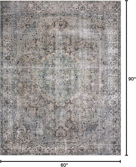 Loloi Layla Collection LAY-06 Taupe/Stone 5'-0" x 7'-6" .13" Thick Area Rug, Soft, Durable, Vintage Inspired, Distressed, Low Pile, Non-Shedding, Easy Clean, Printed, Living Room Rug