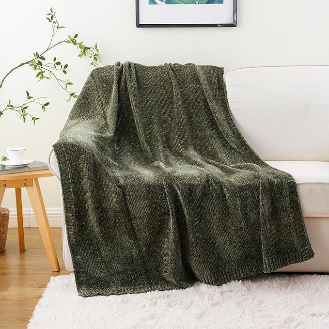 BATTILO HOME Olive Green Chenille Throw Blanket for Couch, Cozy Knit Throw Blanket for Bed Sofa Outdoor, Super Soft Warm Green Blankets Chenille Blankets for Home Decor, 51"x67"