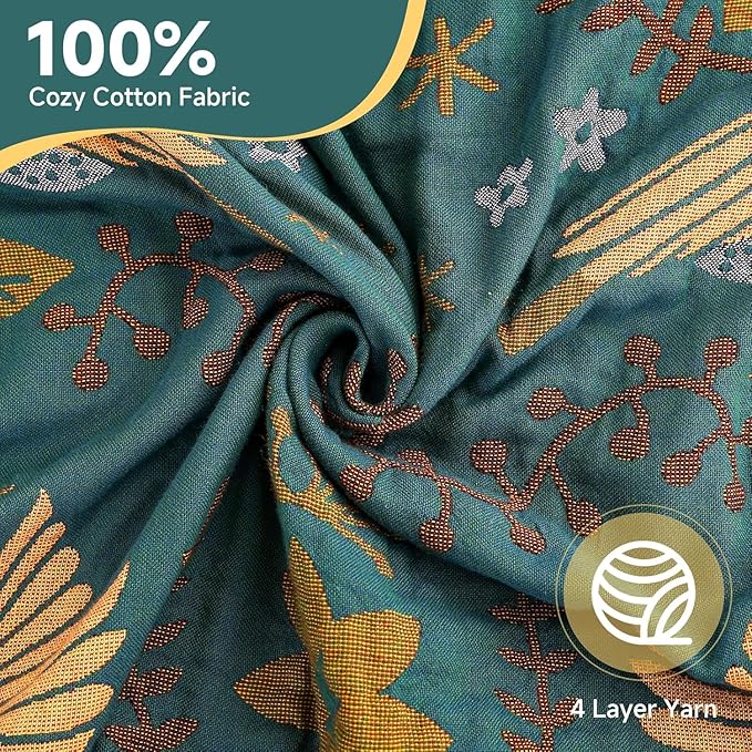 Boho Throw Blanket for Couch 100% Cotton Organic Ultra Soft Breathable Rustic Quilt 50" x 60" Birds and Floral Throw for Sofa Chair Bed Couch Chair