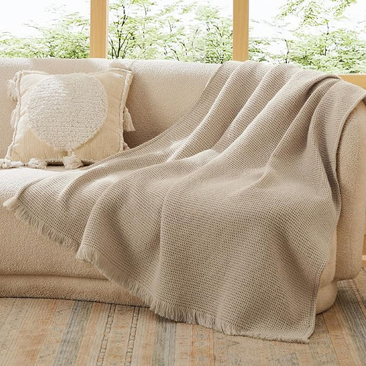 Bedsure Oatmeal Throw Blankets for Couch - Decorative Waffle Woven Throw Gifts with Tassels, Soft and Lightweight Farmhouse Blankets for Couch and Sofa, 50x60 Inches