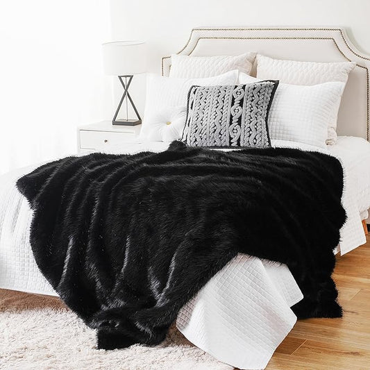BATTILO HOME Luxury Black Faux Fur Throw Blanket, Large Cozy Warm Fluffy Fur Blanket for Bed,Couch, Sofa, Chair, Black Fur Throws with Long Pile, 60"x80"