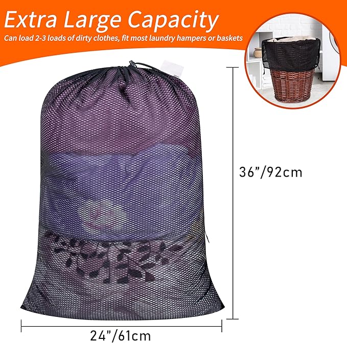 Polecasa Extra Heavy Duty Large Diamond Mesh Laundry Bags with Drawstring Closure & ID Tag, 24 x 36 inches Washable Storage Bag for College, Travel, Sports, Dorms, Black