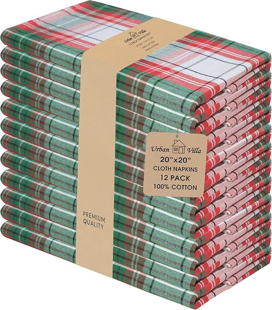 Urban Villa Cloth Napkins Set of 12 20x20 Inches 100% Cotton Napkins Cloth Washable Durable Reusable Absorbent Table Dinner Napkins Cloth for Christmas Hotel Lunch Restaurant Parties - Christ Checks