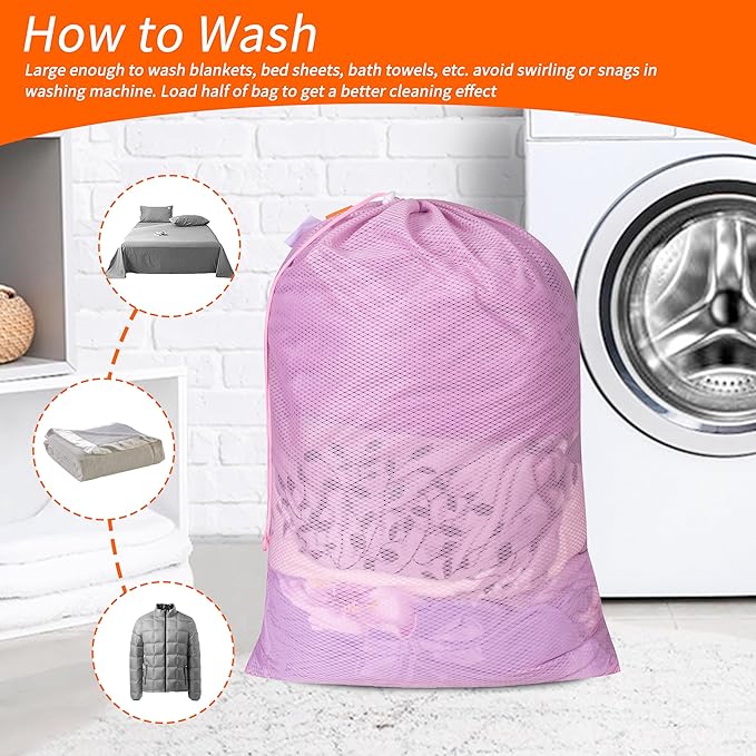 Polecasa Heavy Duty Large Mesh Laundry Bags with ID Tag and Locking Drawstring Closure - 2 Pack, 24 x 36 inches - Laundry Hamper Liner, Washable Laundry Bag for Travel, Sports, Dorms (Pink)