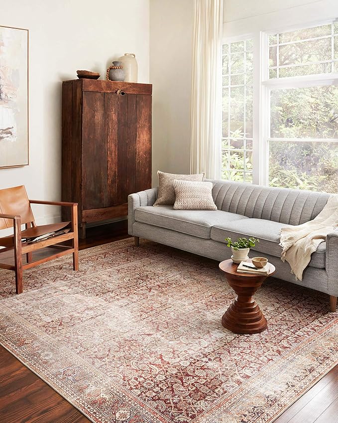 Loloi Layla Collection LAY-11 Cinnamon/Sage 7'-6" x 9'-6" .13" Thick Area Rug, Soft, Durable, Vintage Inspired, Distressed, Low Pile, Non-Shedding, Easy Clean, Printed, Living Room Rug