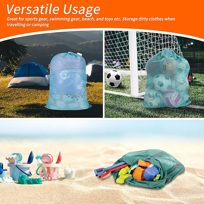 Polecasa Heavy Duty Diamond Large Mesh Laundry Bag with ID Tag and Locking Drawstring Closure - 24 x 36 inches - Laundry Hamper Liner, Washable Laundry Bags for Travel, Sports, Dorms (Aqua)