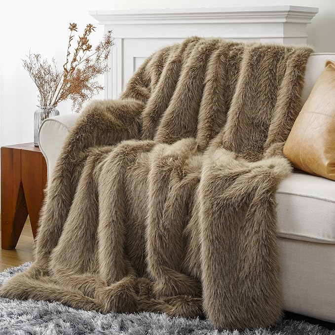BATTILO HOME Luxury Tan Fluffy Faux Fur Throw Blanket, Cozy Warm Large Fur Blanket for Couch, Sofa, Chair, Bed, Plush Fuzzy Fur Throws with Long Pile, 60"x80"(Khaki)