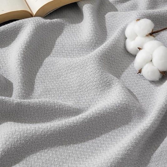 Bedsure GentleSoft 100% Cotton Blanket King Size for Bed - Breathable and Lightweight, Soft Cozy Textured Herringbone Woven Blanket for Summer, Grey, 108x90 inches