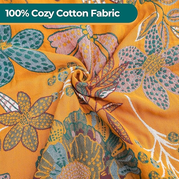 Fall Throw Blankets Reversible Luxurious Cotton Bed Throws with Vintage Bohemian Design & Yellow/Green Lightwight Floral Decor Blanket, Perfect as Bed Sofa Quilt 90" x 98"