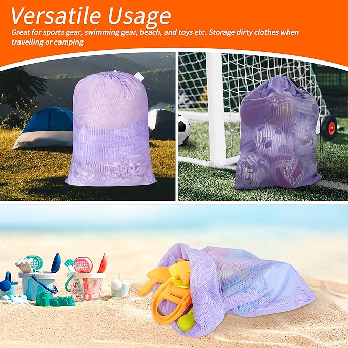 Polecasa Heavy Duty Large Mesh Laundry Bags with ID Tag and Locking Drawstring Closure - 2 Pack, 24 x 36 inches - Laundry Hamper Liner, Washable Laundry Bag for Travel, Sports, Dorms (Purple)