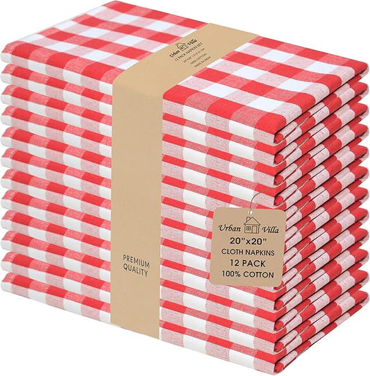 Urban Villa Cloth Napkins Set of 12 20x20 Inches 100% Cotton Napkins Cloth Washable Durable Reusable Absorbent Table Dinner Napkins Cloth for Farmhouse Party Hotel Lunch Restaurant Napkins - Red White
