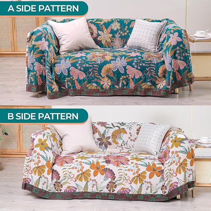 STASOPTK Boho Rustic Throw Blanket,100% Cotton Soft Vintage Bed Throw Blankets Floral Farmhouse Decor Throws,Reversible Throw for Sofa Couch, 60"×80" for All Seasons -White