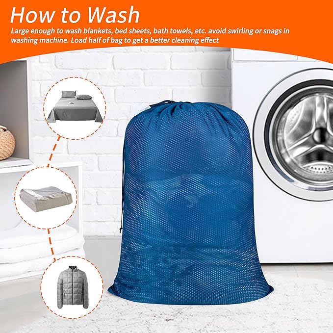 Polecasa Extra Heavy Duty Large Diamond Mesh Laundry Bags with Drawstring Closure & ID Tag, 24 x 36 inches Washable Storage Bag for College, Travel, Sports, Dorms, Blue