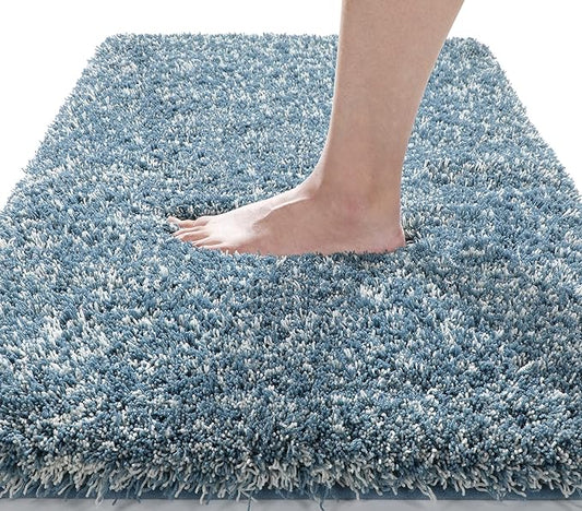 Yimobra Luxury Bathroom Rugs, Fluffy Bath Mats, Non Slip, Water Absorbent Microfiber, Machine Washable, Plush Runner Shower Rugs, Thick Matts for Bathroom Floor&Tub, 70"x 24", Denim Blue and White