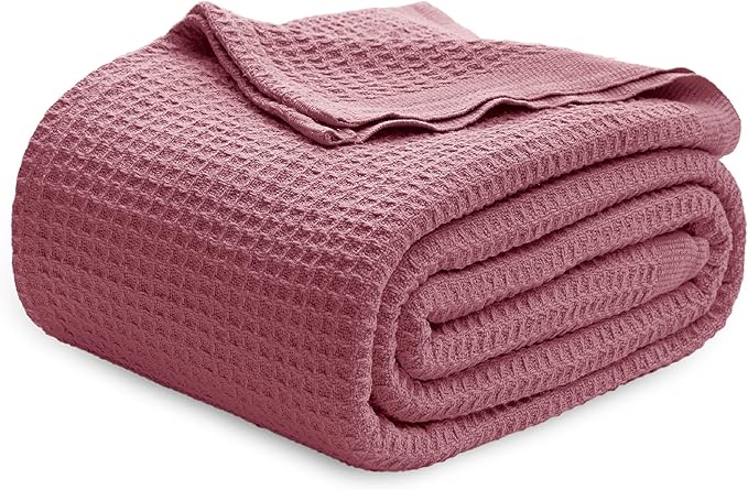 Bedsure Gentlesoft 100% Cotton Blanket Queen Size for Bed - Breathable and Soft for Spring Summer, Thick Cozy Waffle Weave Blanket Gifts for Women, Dusty Rose, 90x90 Inches