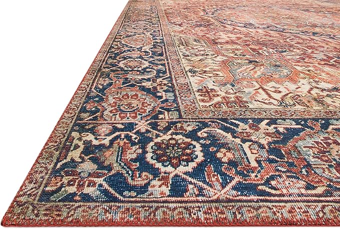 Loloi Layla Collection LAY-08 Red/Navy 2'-3" x 3'-9" .13" Thick Accent Rug, Soft, Durable, Vintage Inspired, Distressed, Low Pile, Non-Shedding, Easy Clean, Printed, Living Room Rug